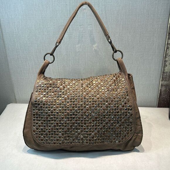 COSTANZA ROTA Italian Leather Messenger Bag Purse Brown Studs Large Flap Slouchy - Picture 1 of 15